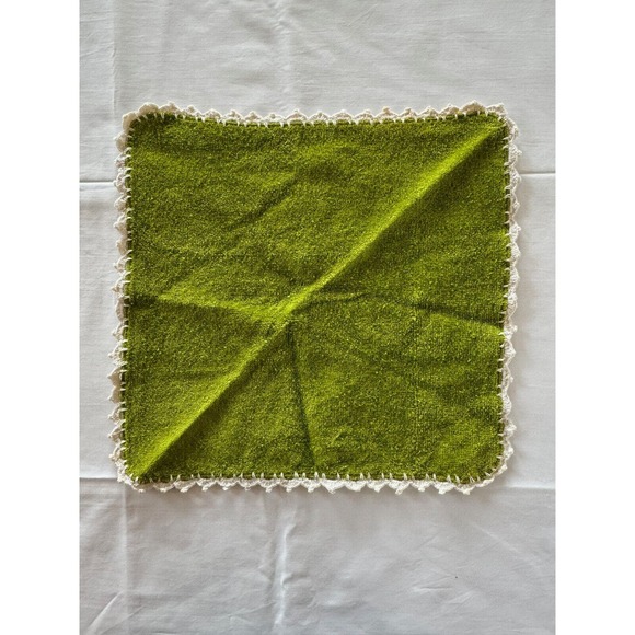 VTG Sears Green Terry Embroidered Lace Bath Towel Wash Cloth Set Flower Basket - Picture 8 of 10